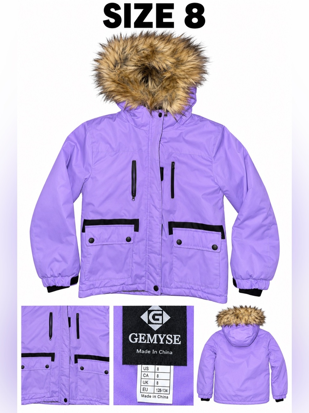 GemYse Girls' Lavender Puffer Jacket with Faux Fur Hood